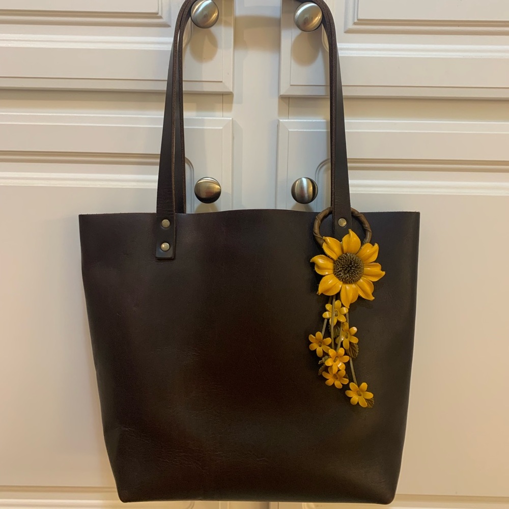 Portland Leather Goods Tote in Grizzly with leather sunflower bag charm